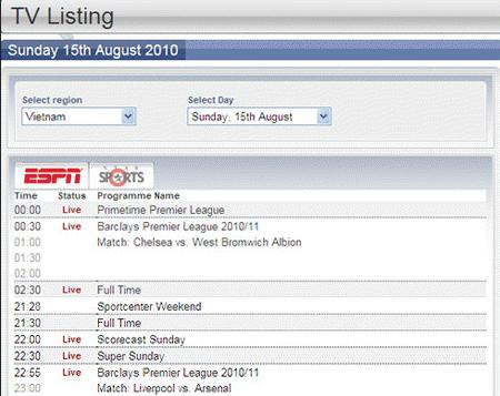 Lịch phát sóng được ESPN và Star Sport công bố trên website